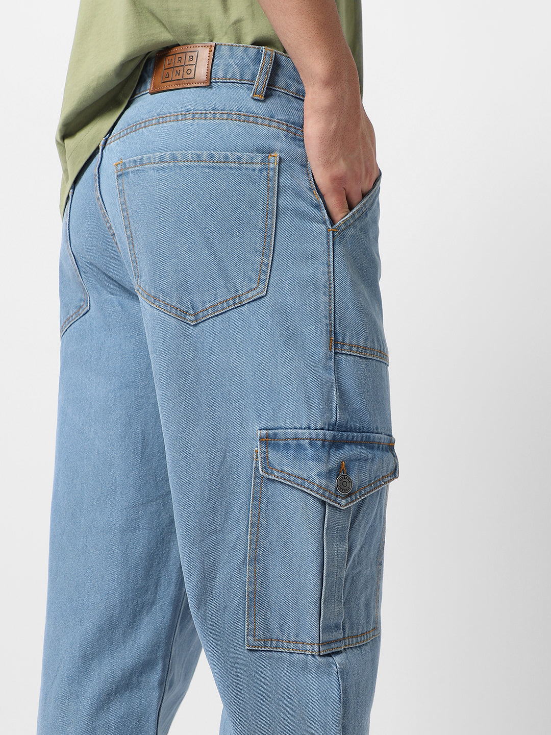 Men's Ice Blue Loose Fit Cargo Jeans with 6 Pockets Non-Stretchable