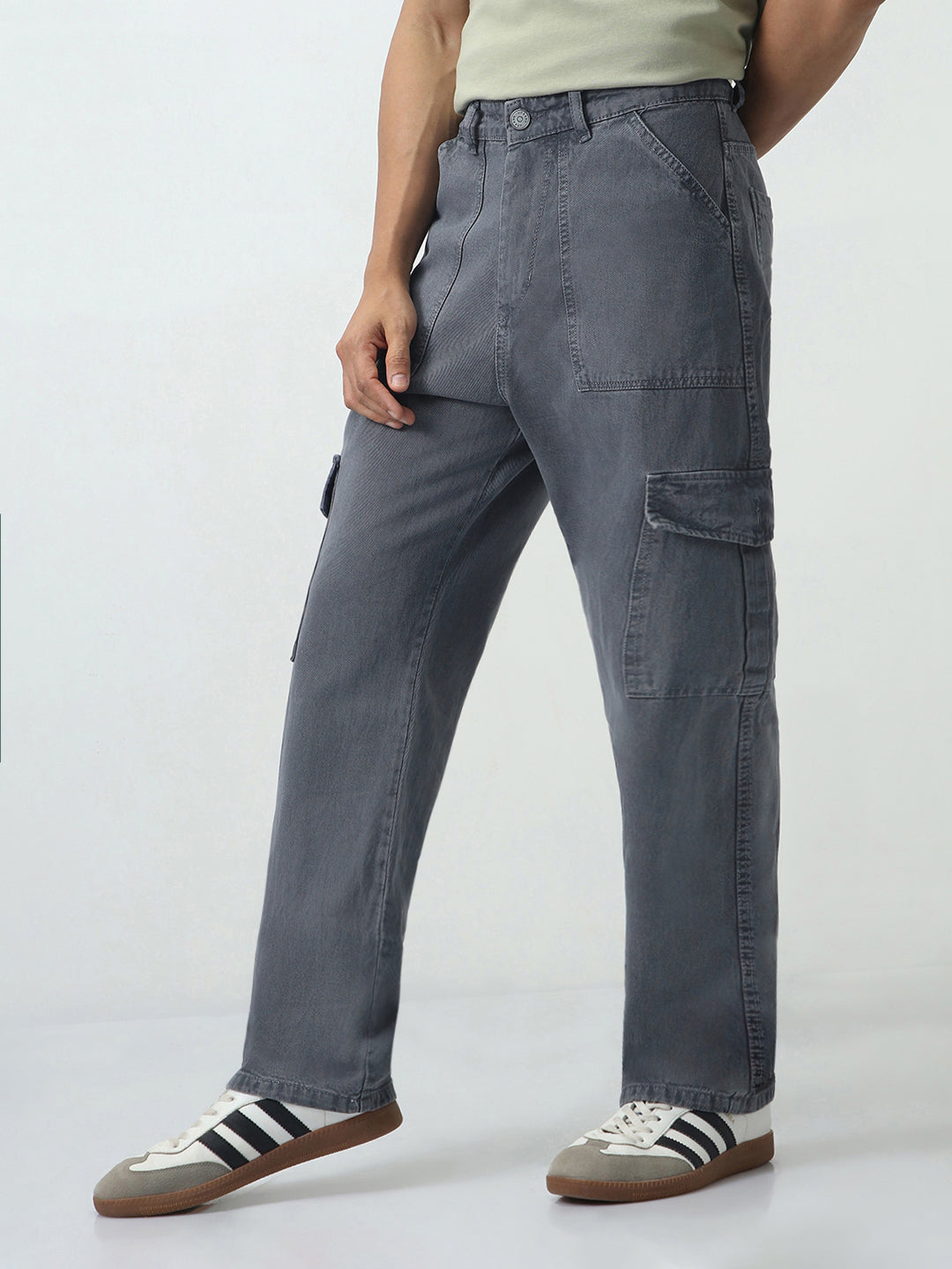 Men's Light Grey Loose Fit Cargo Jeans with 6 Pockets Non-Stretchable