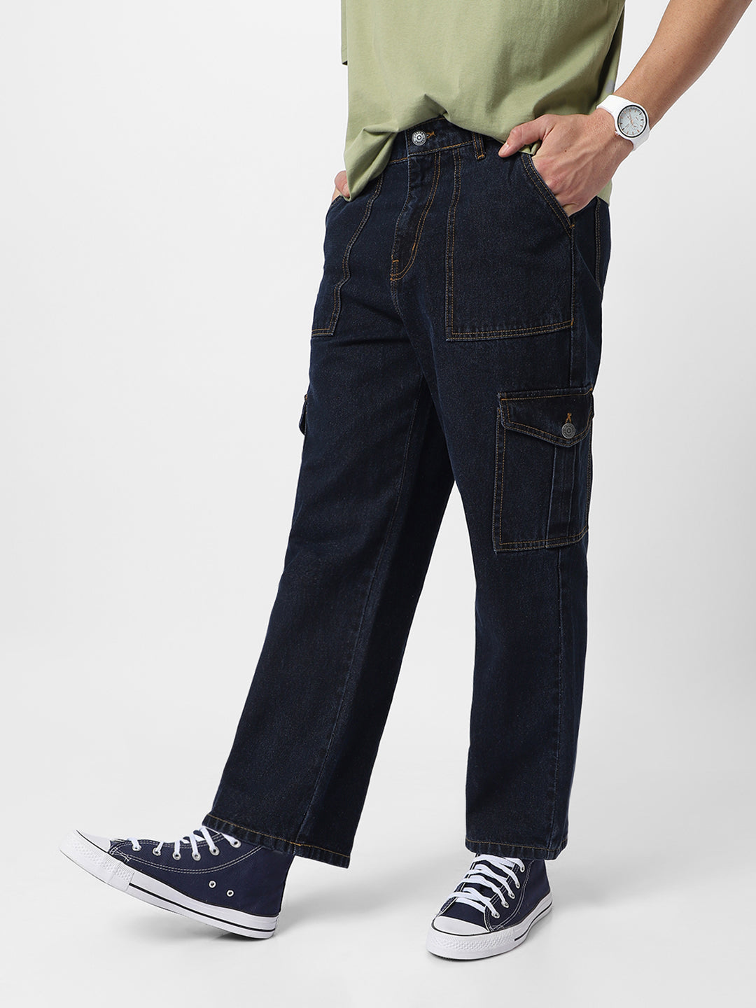 Men's Blue Loose Fit Cargo Jeans with 6 Pockets Non-Stretchable