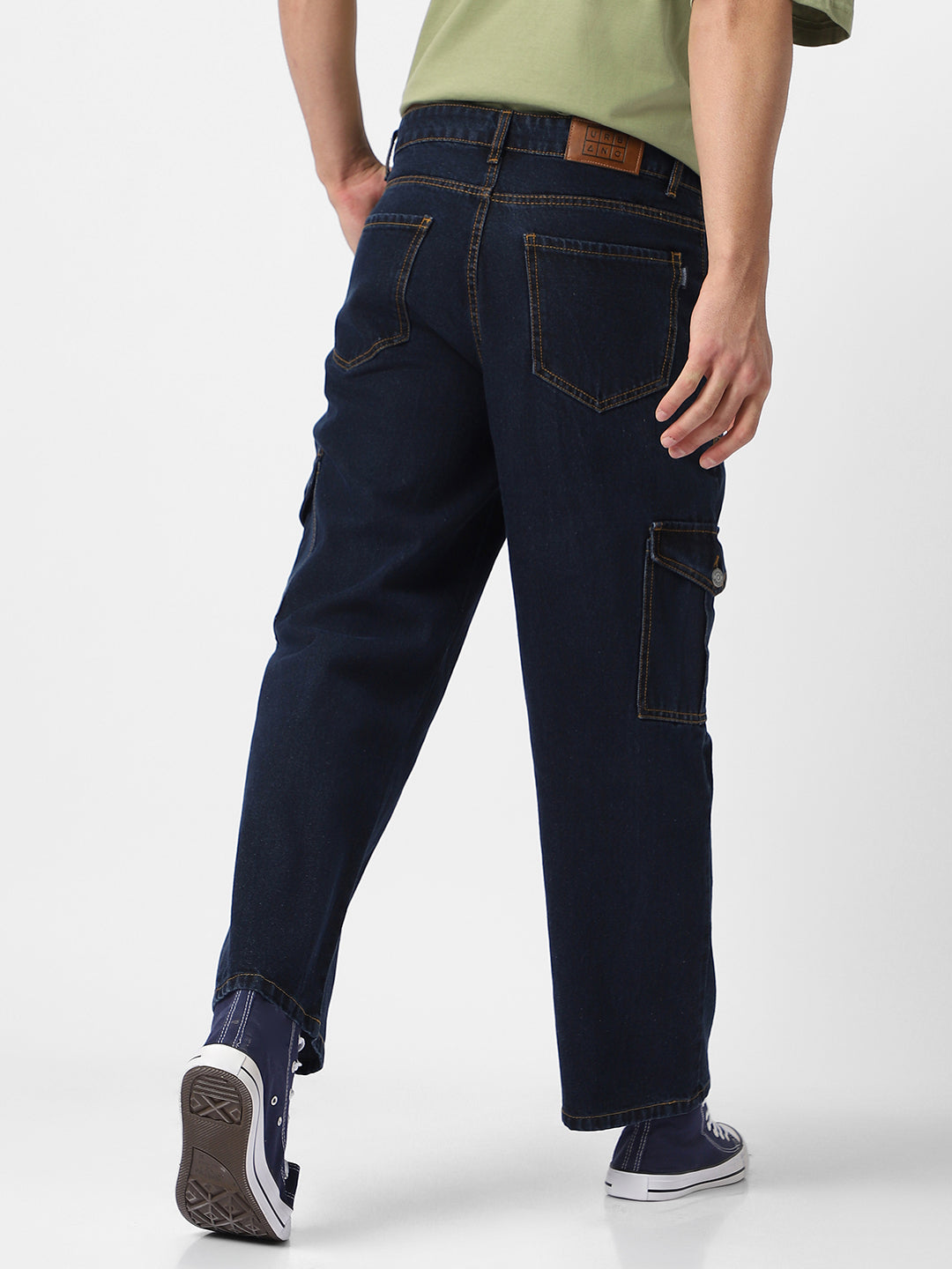 Men's Blue Loose Fit Cargo Jeans with 6 Pockets Non-Stretchable
