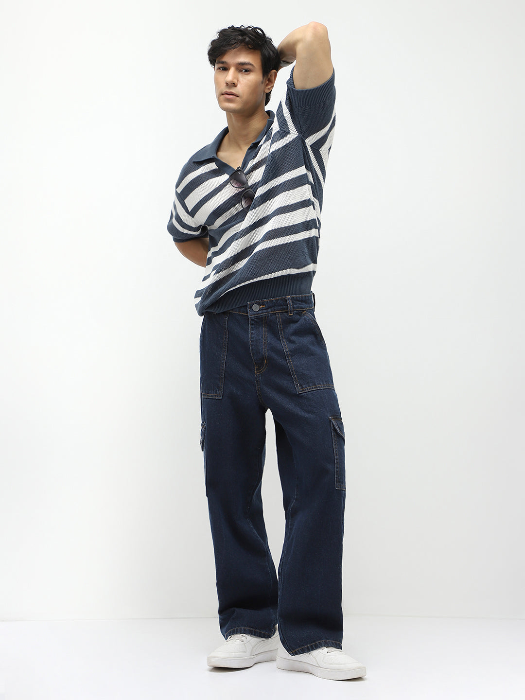 Men's Blue Loose Fit Cargo Jeans with 6 Pockets Non-Stretchable