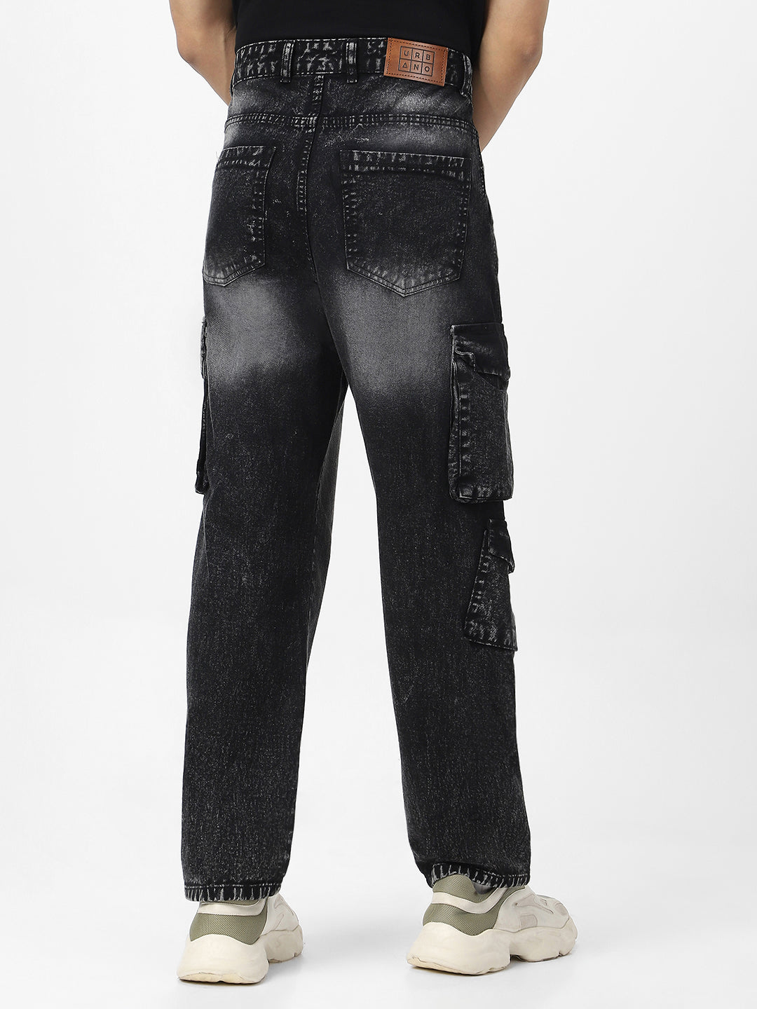 Men's Black Loose Baggy Fit Washed Cargo Jeans with 7 Pockets Non-Stretchable
