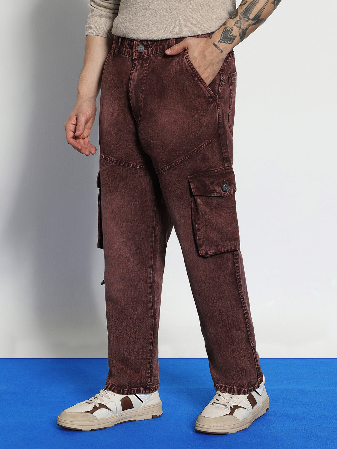Men's Brown Loose Baggy Fit Washed Cargo Jeans with 7 Pockets Non-Stretchable