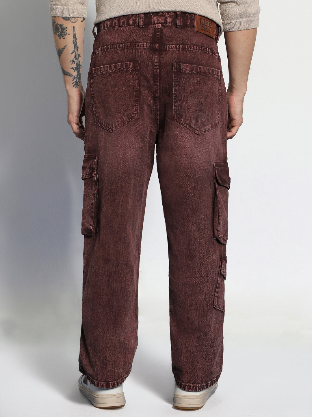 Men's Brown Loose Baggy Fit Washed Cargo Jeans with 7 Pockets Non-Stretchable