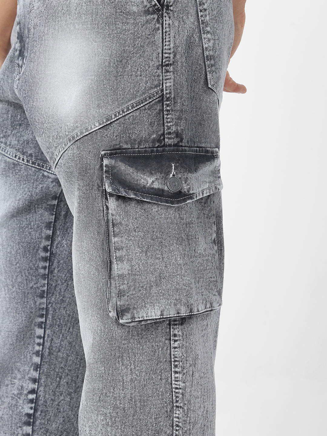 Men's Ice Grey Loose Baggy Fit Washed Cargo Jeans with 7 Pockets Non-Stretchable