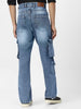 Men's Light Blue Loose Baggy Fit Washed Cargo Jeans with 7 Pockets Non-Stretchable