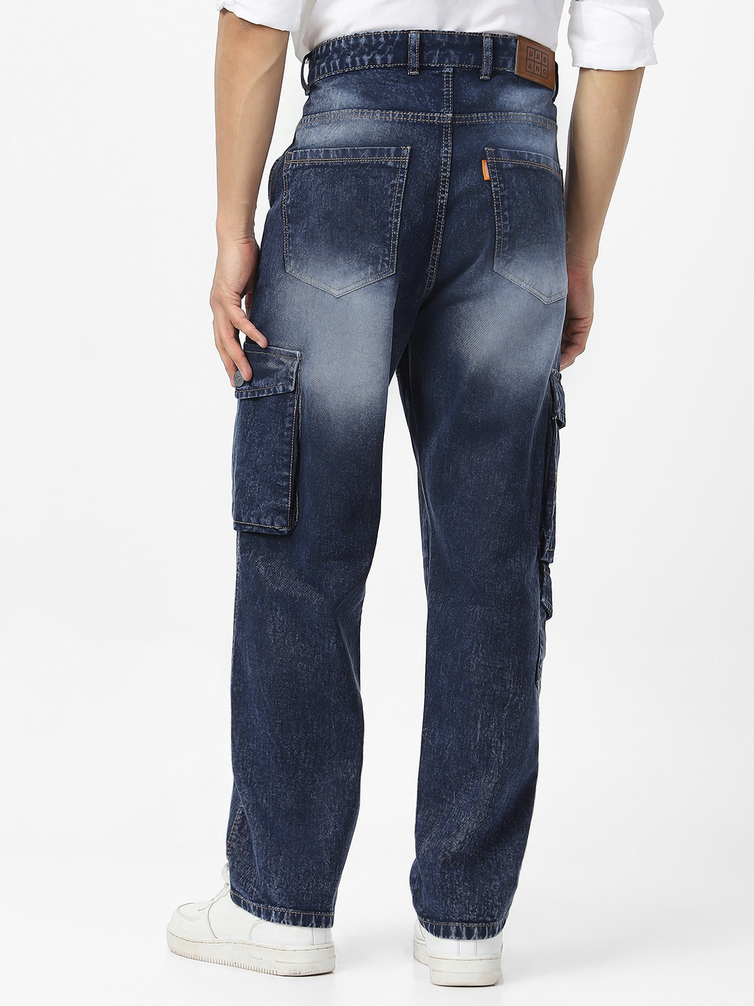 Men's Navy Loose Fit Cargo Jeans With 7 Pockets Non Stretchable