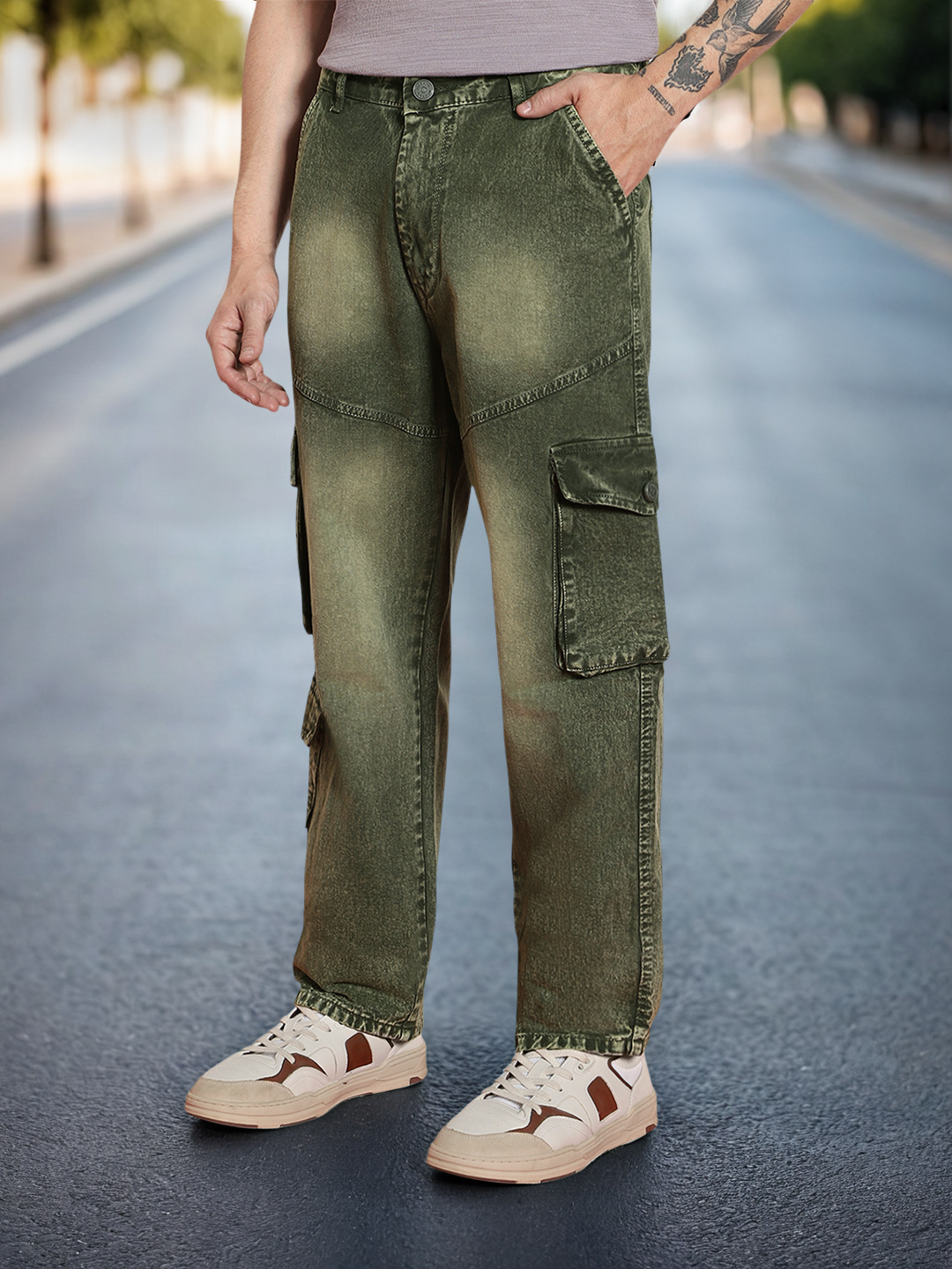Men's Olive Green Loose Baggy Fit Washed Cargo Jeans with 7 Pockets Non-Stretchable