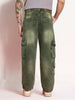 Men's Olive Green Loose Baggy Fit Washed Cargo Jeans with 7 Pockets Non-Stretchable