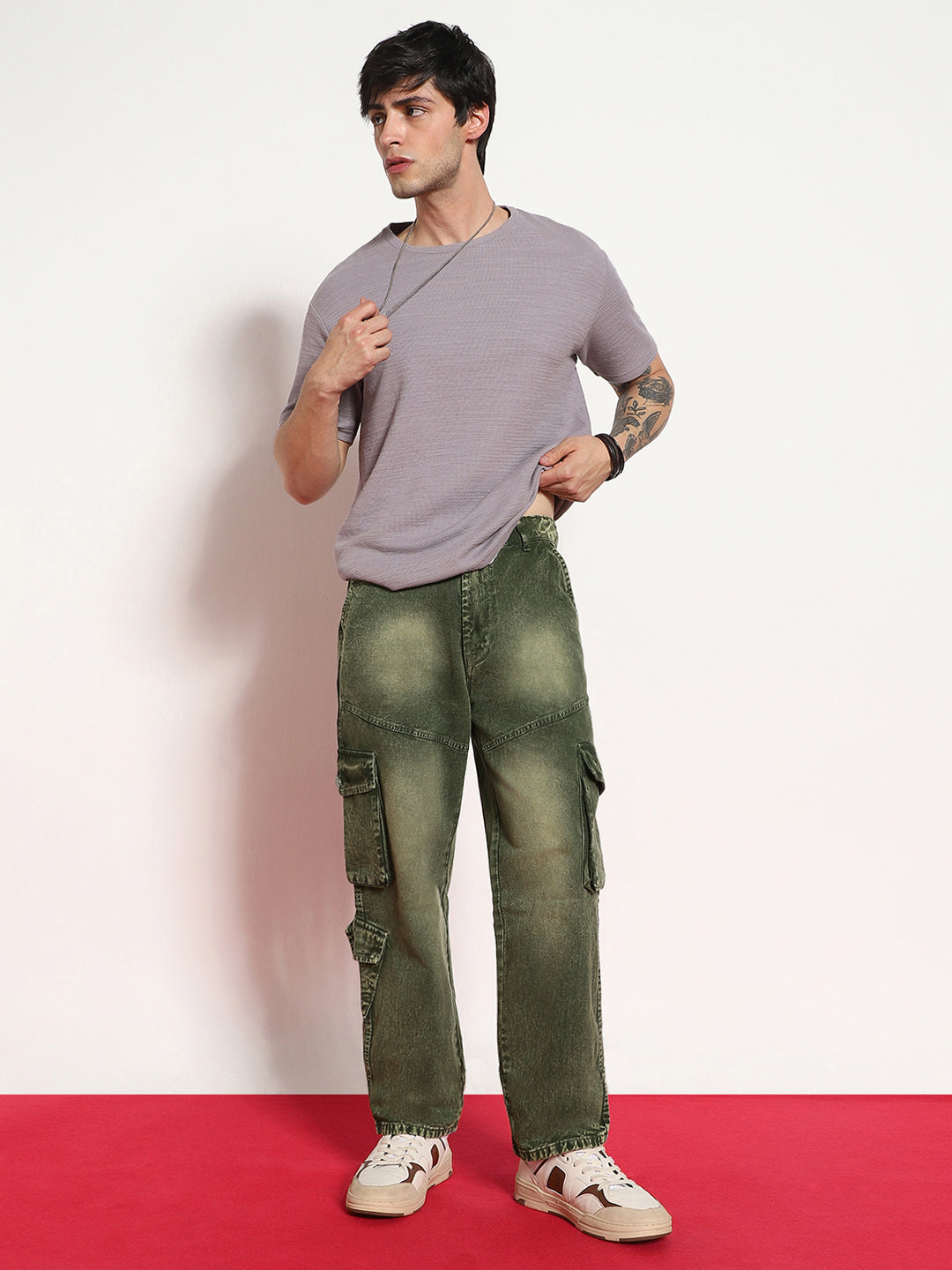 Men's Olive Green Loose Baggy Fit Washed Cargo Jeans with 7 Pockets Non-Stretchable