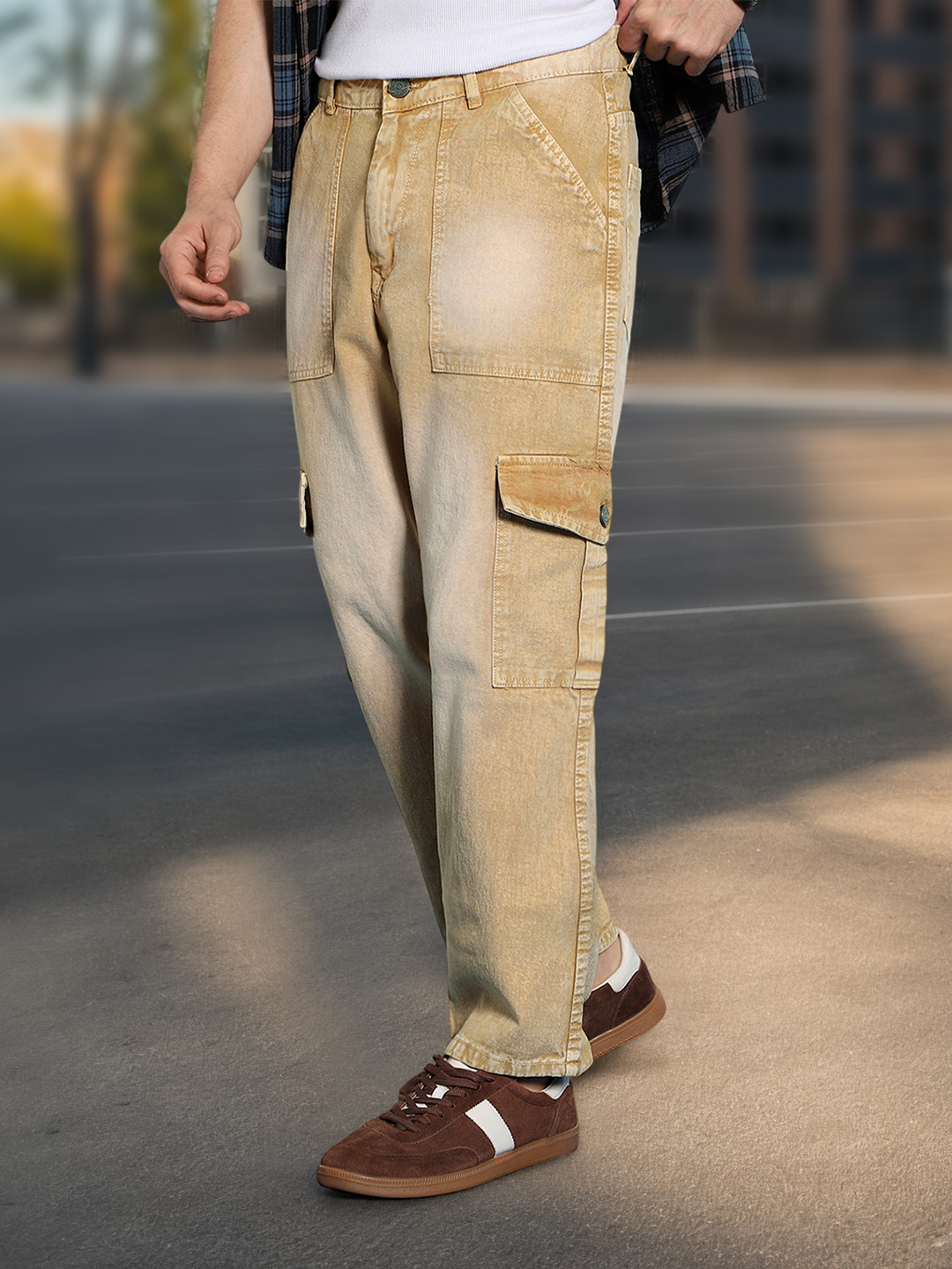 Men's Beige Loose Baggy Fit Washed Cargo Jeans with 6 Pockets Non-Stretchable