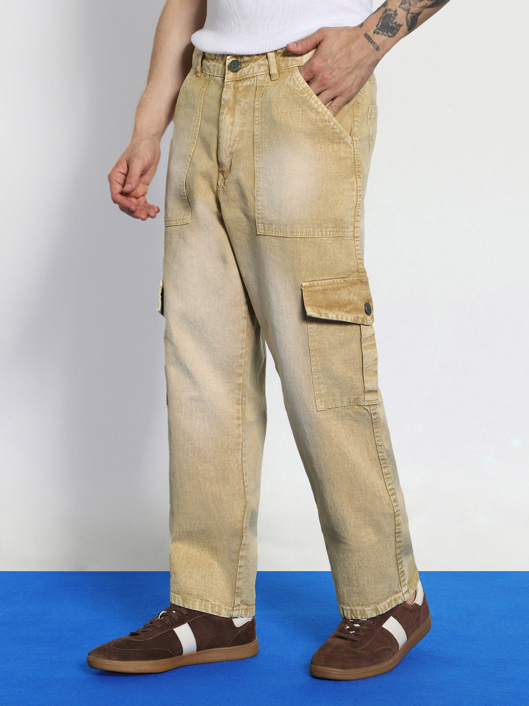 Men's Beige Loose Baggy Fit Washed Cargo Jeans with 6 Pockets Non-Stretchable