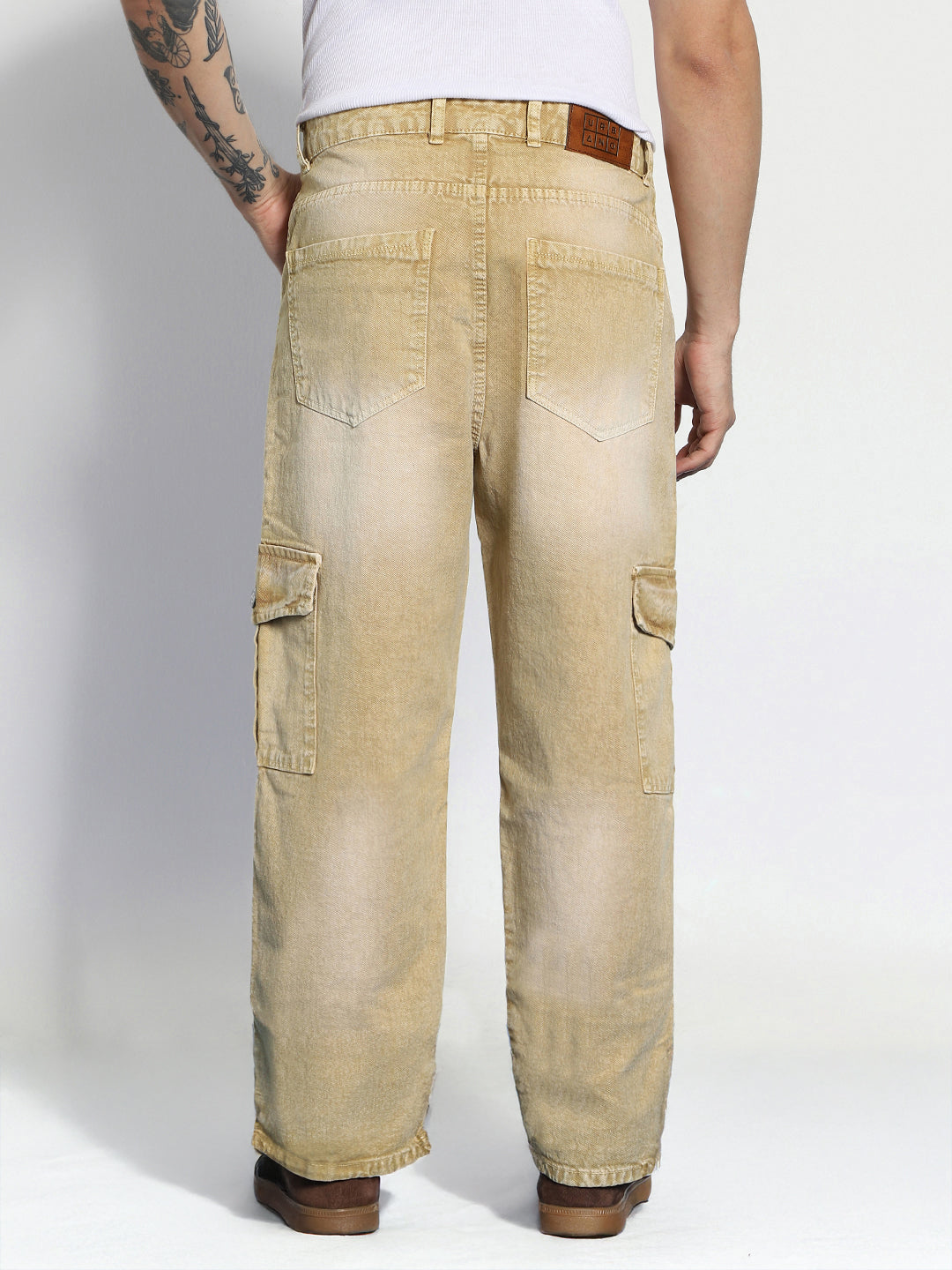 Men's Beige Loose Baggy Fit Washed Cargo Jeans with 6 Pockets Non-Stretchable