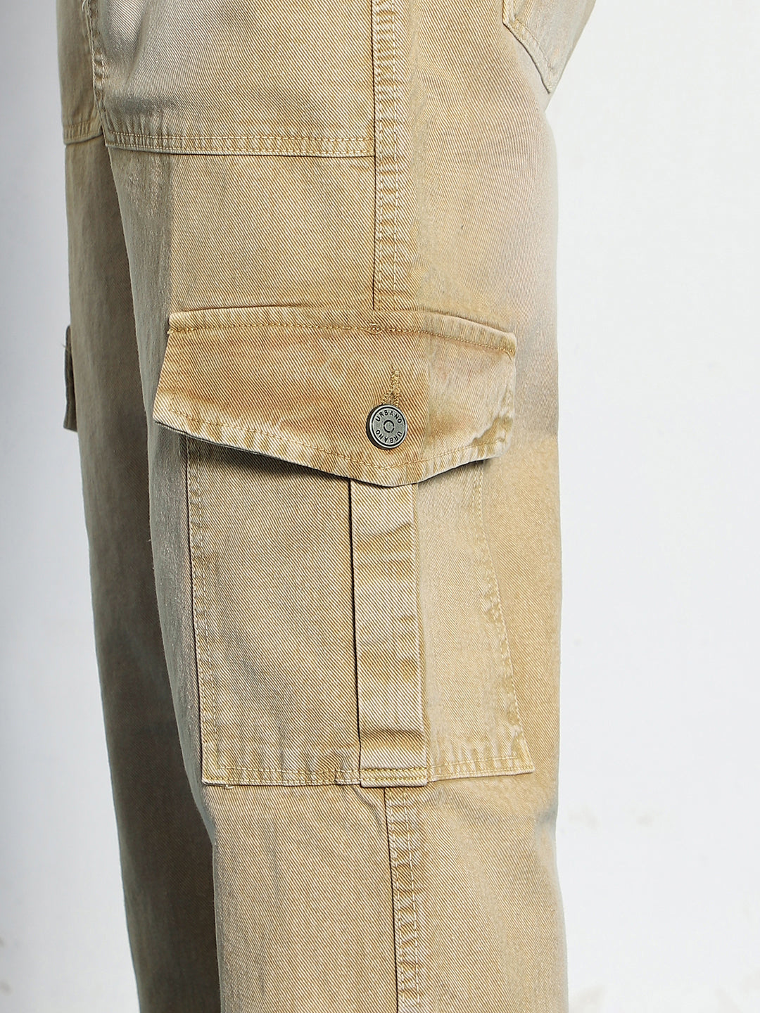 Men's Beige Loose Baggy Fit Washed Cargo Jeans with 6 Pockets Non-Stretchable