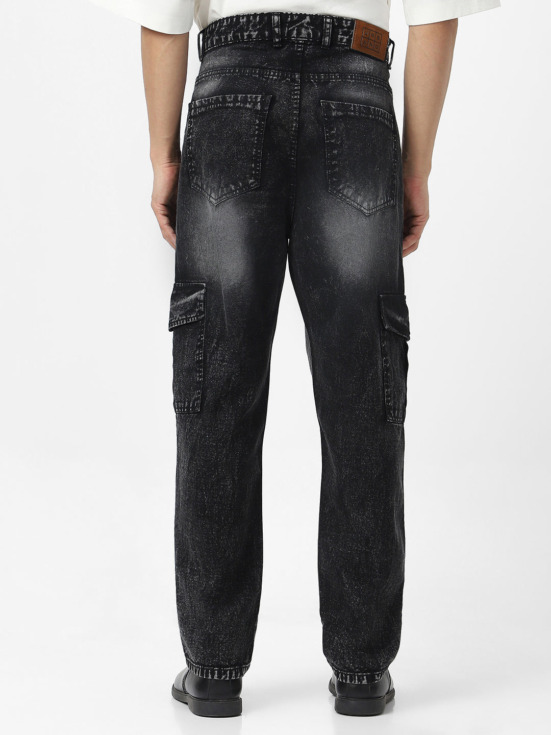 Men's Black Loose Baggy Fit Washed Cargo Jeans with 6 Pockets Non-Stretchable