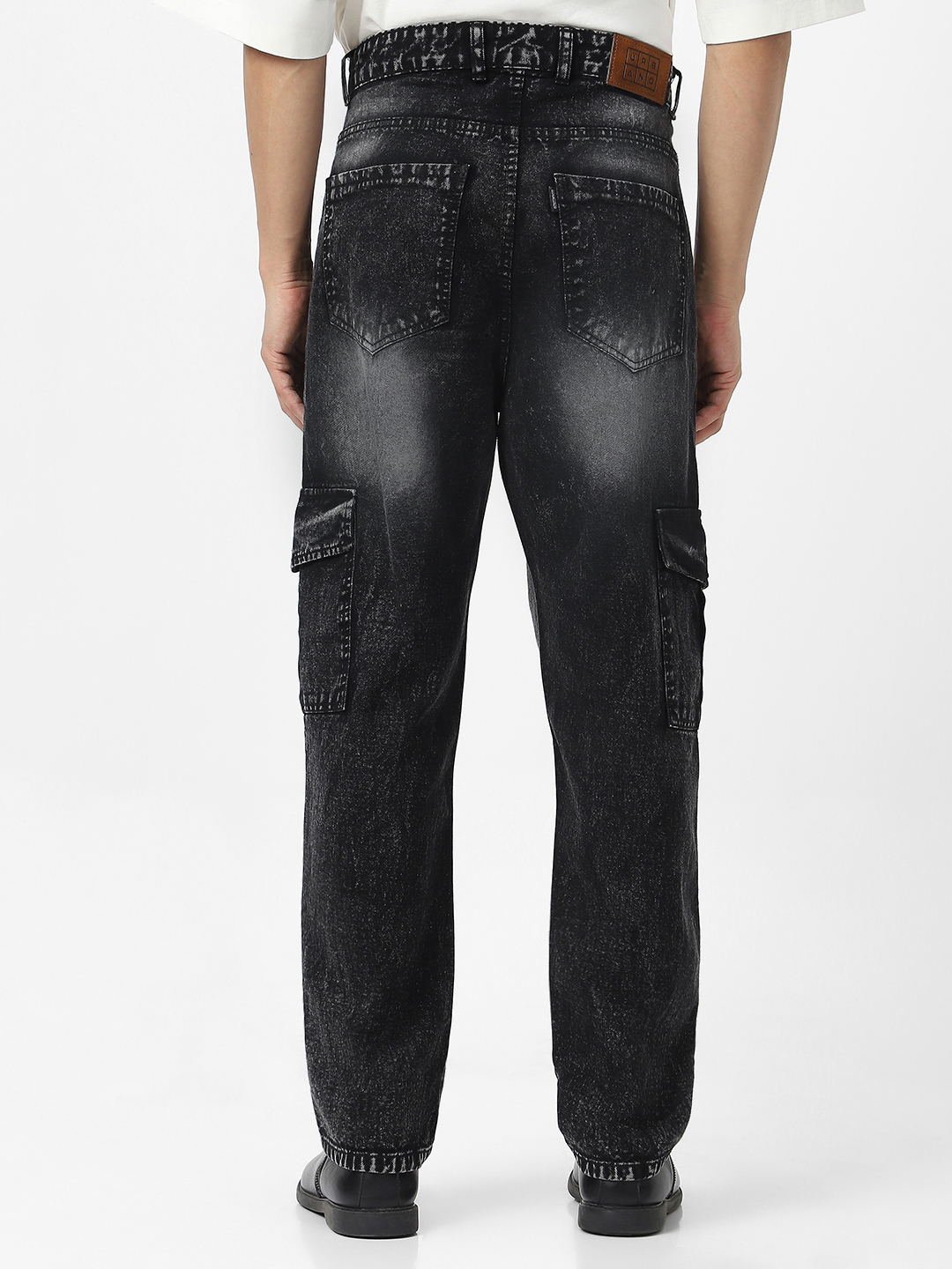 Men's Black Loose Fit Cargo Jeans With 6 Pockets Non Stretchable