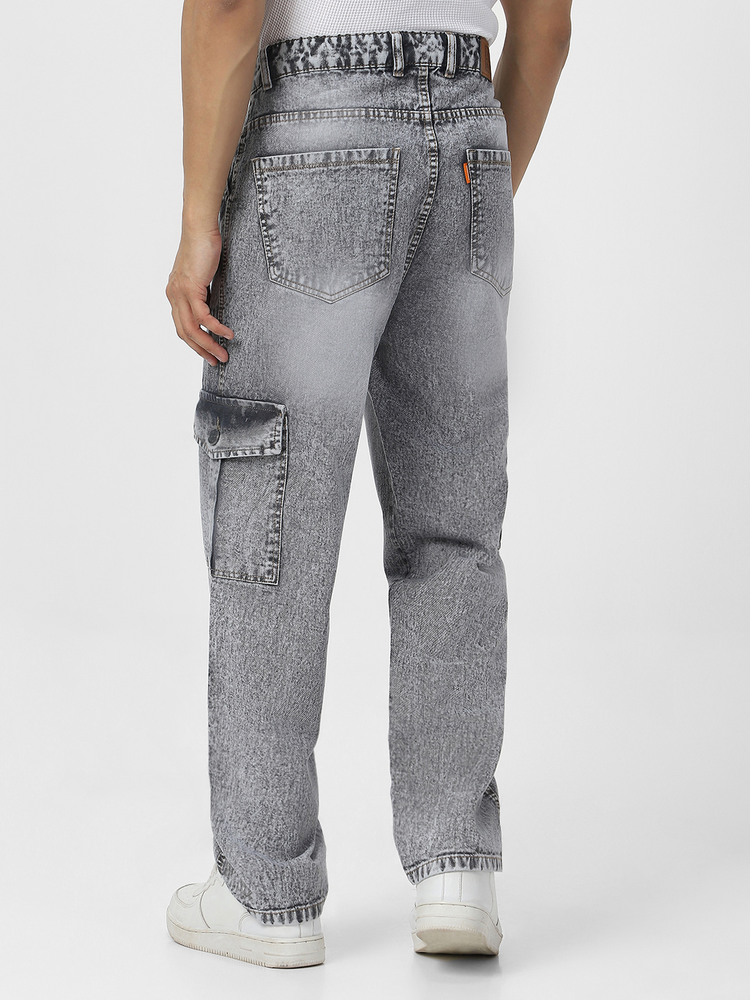 Men's Ice Grey Loose Fit Cargo Jeans With 6 Pockets Non Stretchable