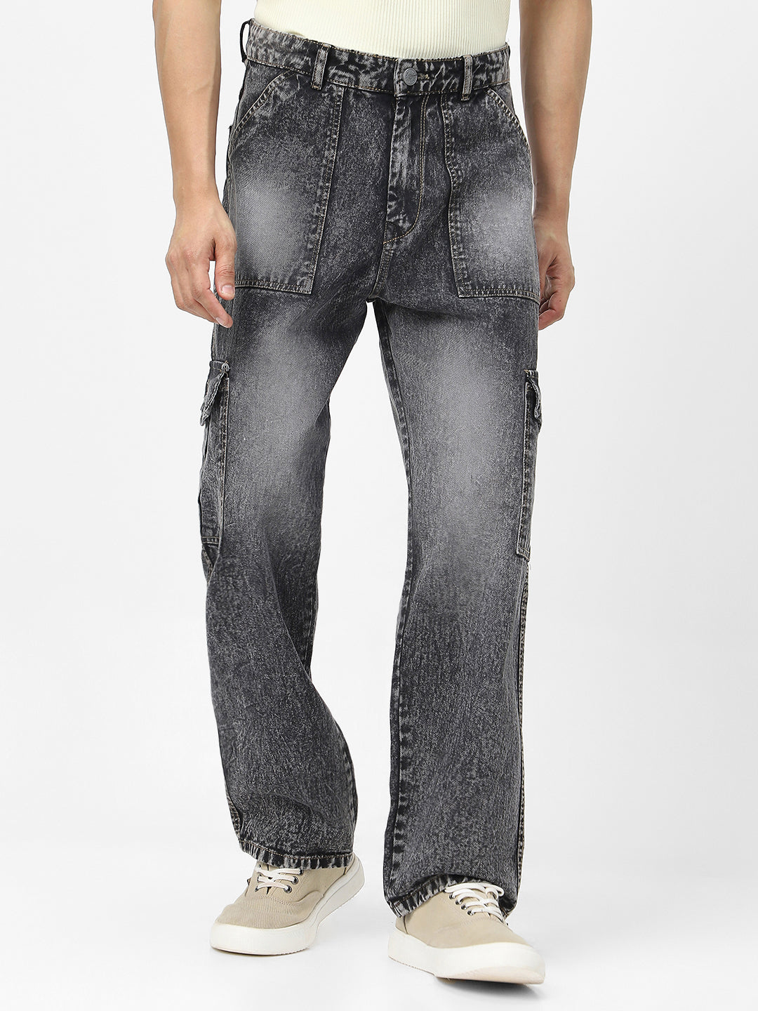 Men's Grey Loose Baggy Fit Washed Cargo Jeans with 6 Pockets Non-Stretchable