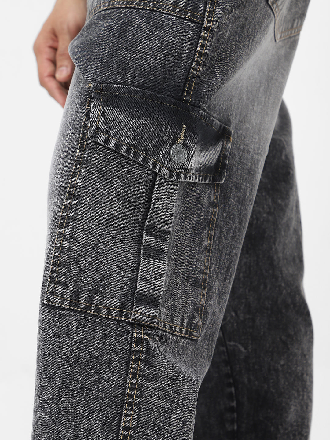 Men's Grey Loose Baggy Fit Washed Cargo Jeans with 6 Pockets Non-Stretchable