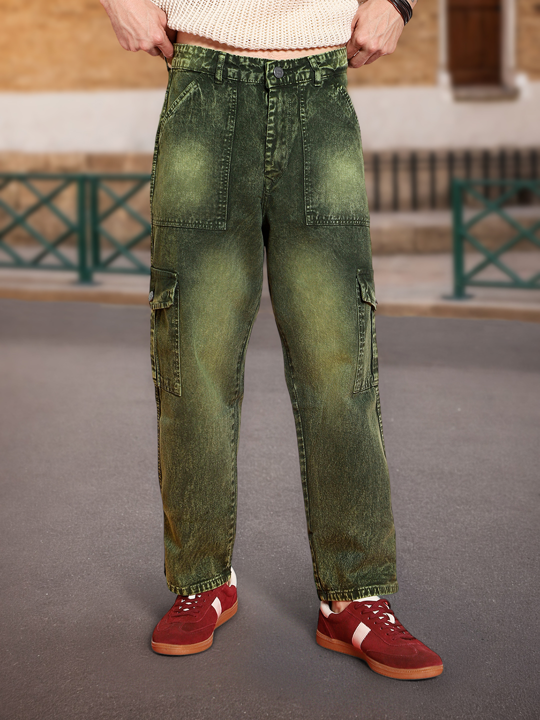 Men's Olive Green Loose Baggy Fit Washed Cargo Jeans with 6 Pockets Non-Stretchable