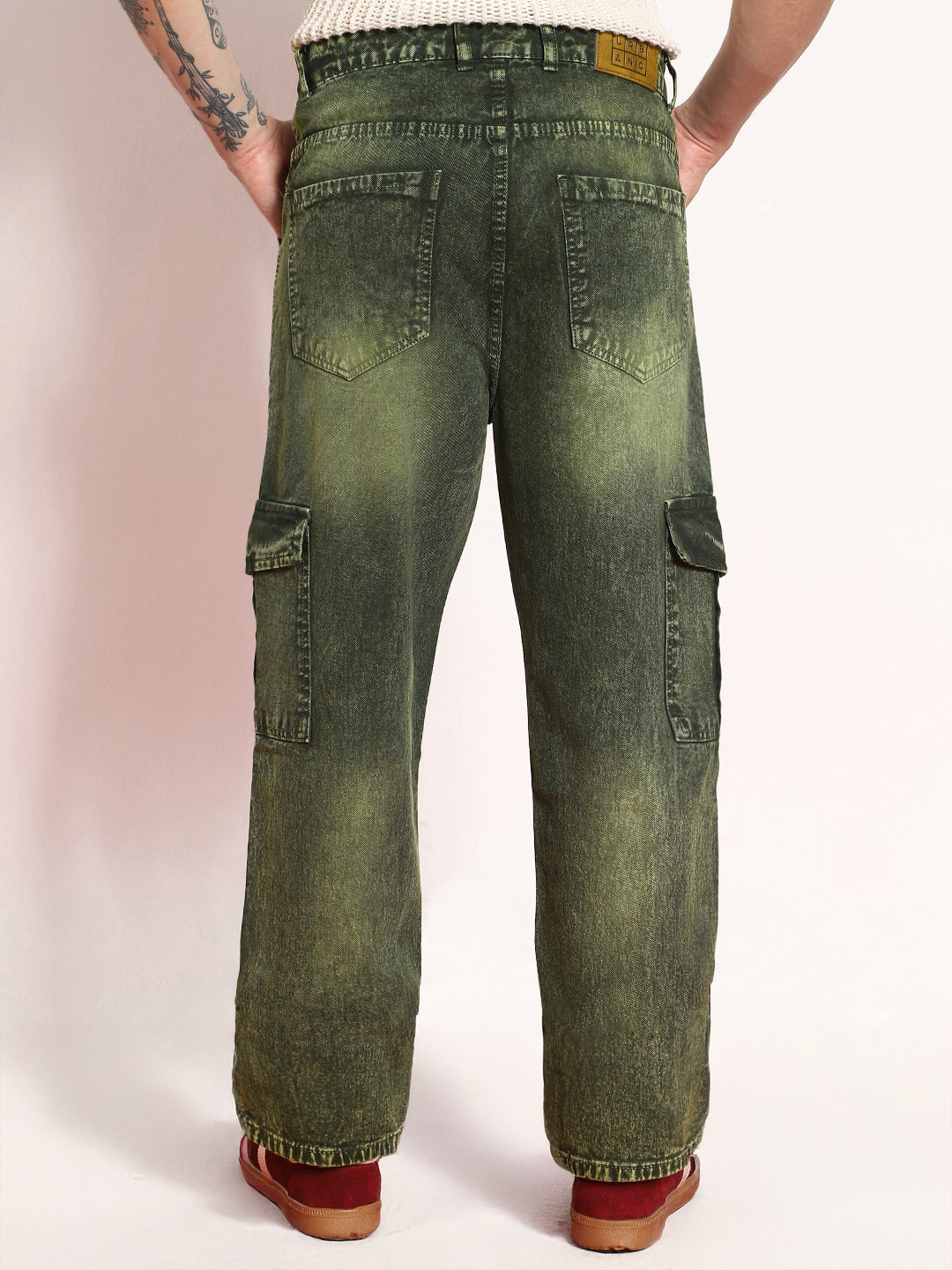 Men's Olive Green Loose Baggy Fit Washed Cargo Jeans with 6 Pockets Non-Stretchable