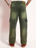 Men's Olive Green Loose Baggy Fit Washed Cargo Jeans with 6 Pockets Non-Stretchable