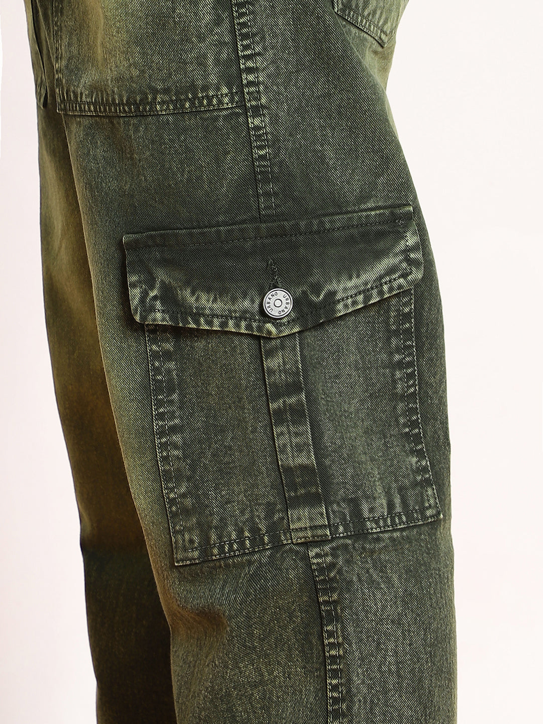 Men's Olive Green Loose Baggy Fit Washed Cargo Jeans with 6 Pockets Non-Stretchable