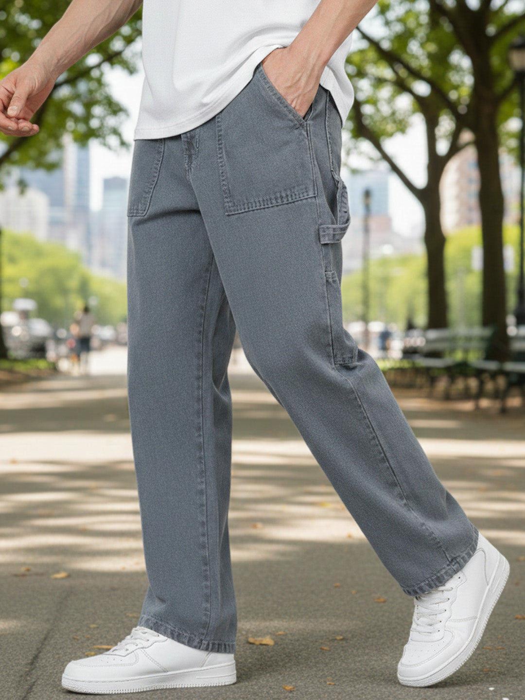 Men's Light Grey Loose Fit Cargo Carpenter Jeans With 6 Pockets Non-Stretchable