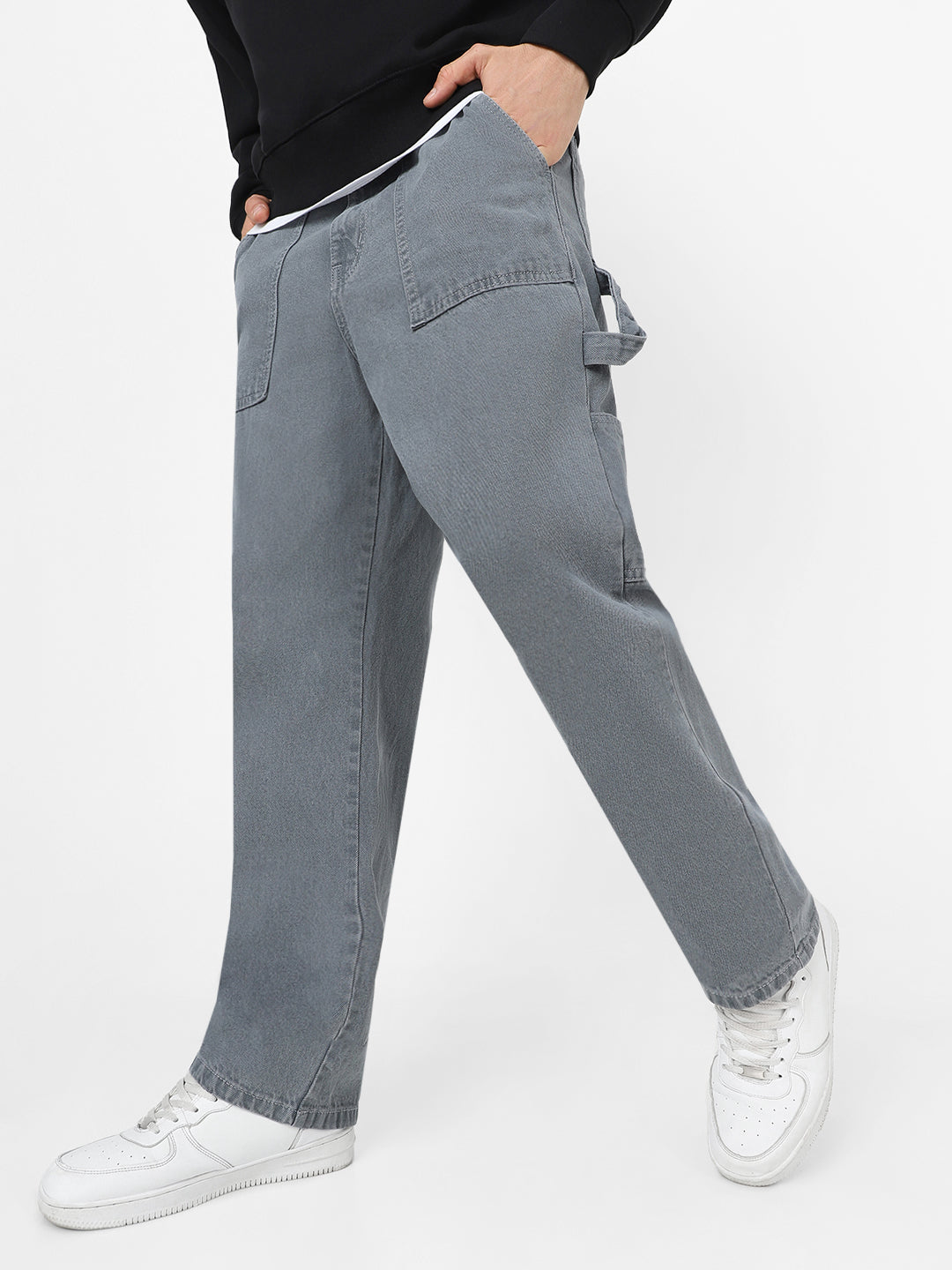 Men's Light Grey Loose Fit Cargo Carpenter Jeans With 6 Pockets Non-Stretchable