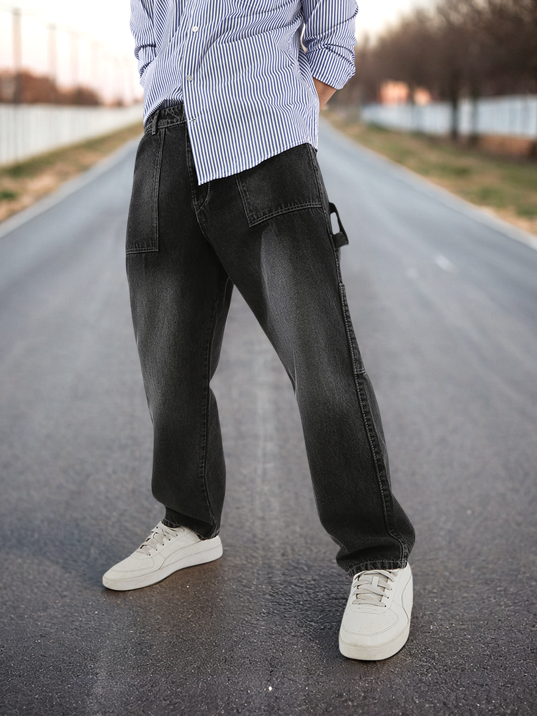 Men's Black Loose Fit Cargo Carpenter Jeans With 6 Pockets Non-Stretchable