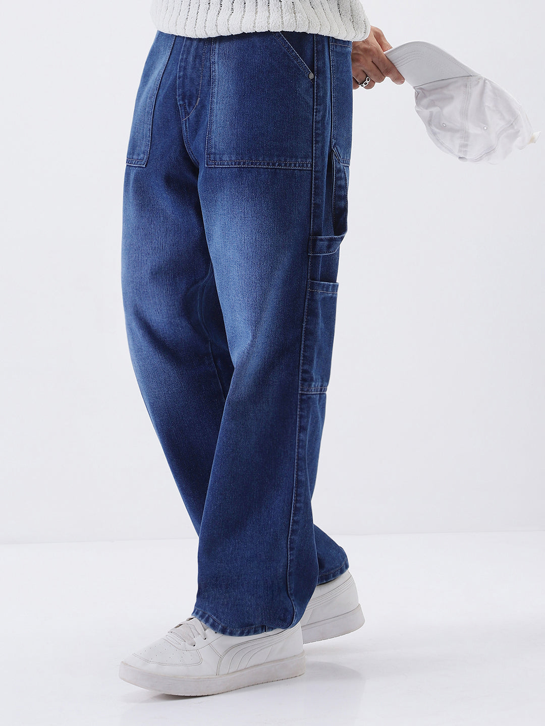 Men's Dark Blue Loose Fit Cargo Carpenter Jeans With 6 Pockets Non-Stretchable