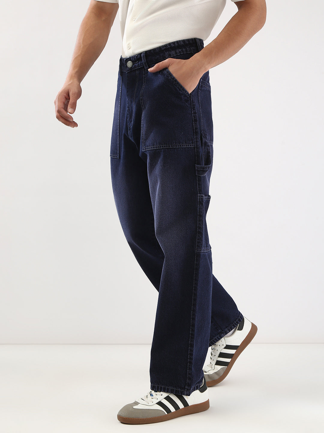 Men's Dark Blue Loose Fit Cargo Carpenter Jeans With 6 Pockets Non-Stretchable
