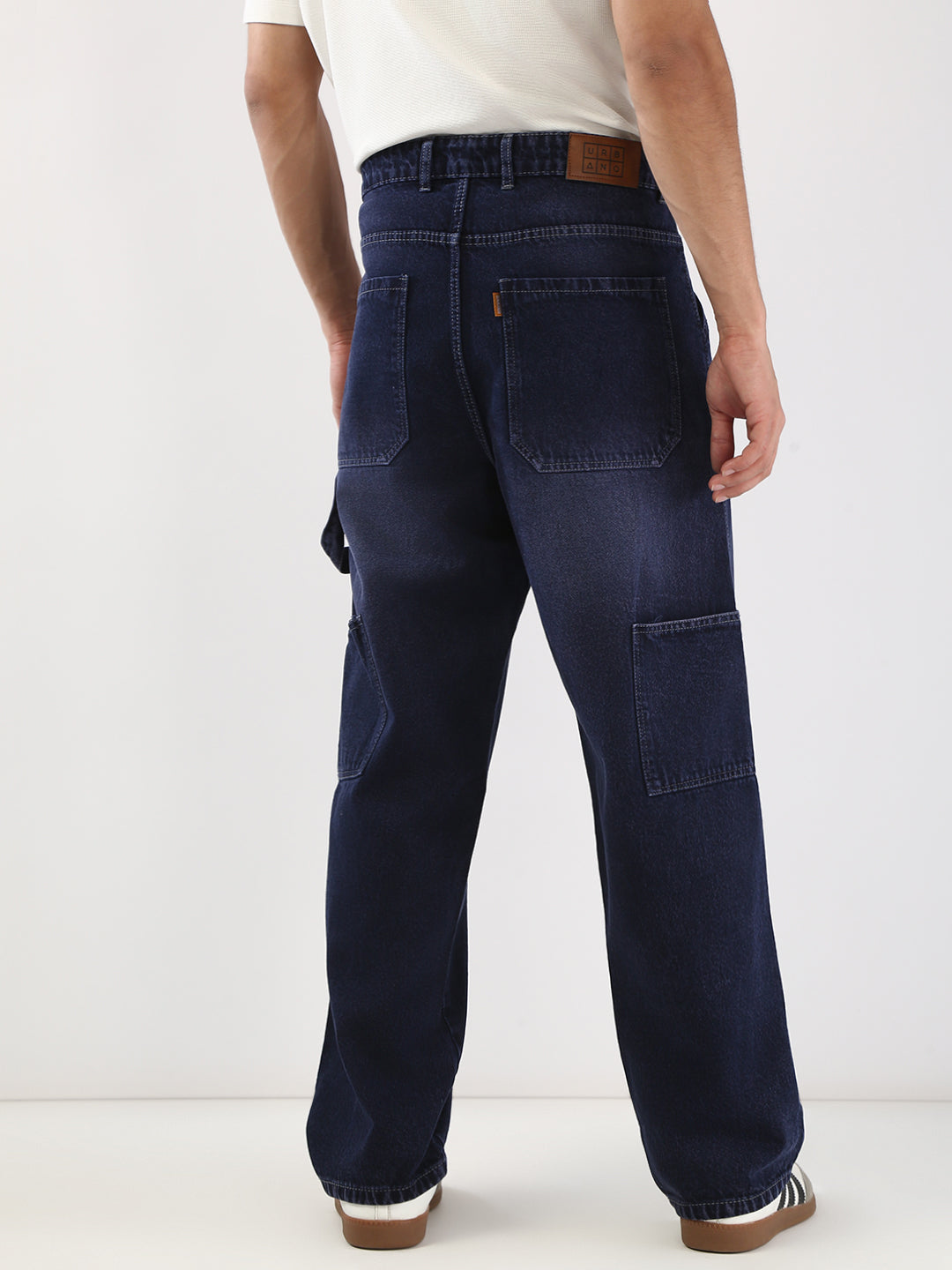 Men's Dark Blue Loose Fit Cargo Carpenter Jeans With 6 Pockets Non-Stretchable