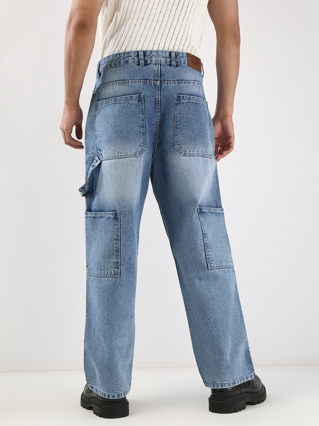 Men's Light Blue Loose Fit Cargo Carpenter Jeans With 6 Pockets Non-Stretchable