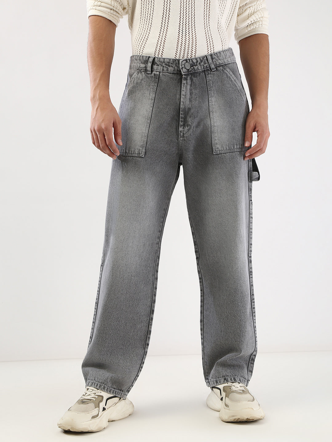 Men's Light Grey Loose Fit Cargo Carpenter Jeans With 6 Pockets Non-Stretchable