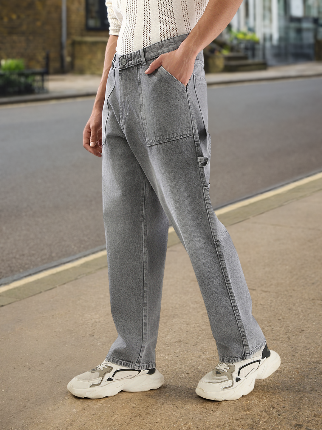 Men's Light Grey Loose Fit Cargo Carpenter Jeans With 6 Pockets Non-Stretchable