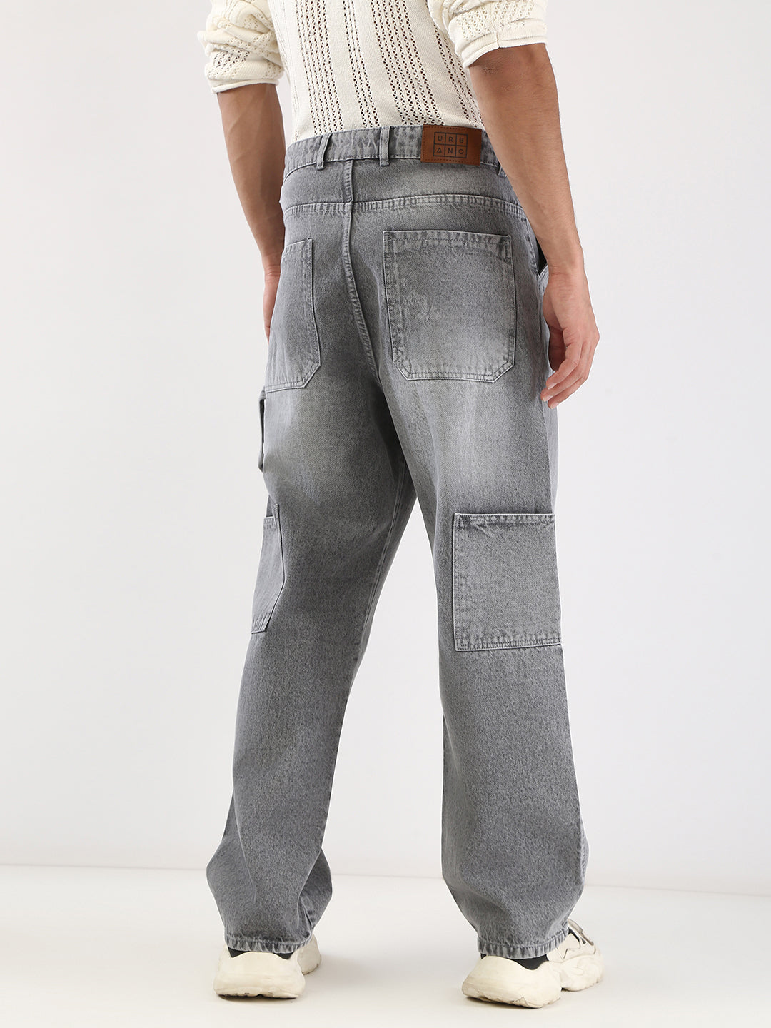 Men's Light Grey Loose Fit Cargo Carpenter Jeans With 6 Pockets Non-Stretchable
