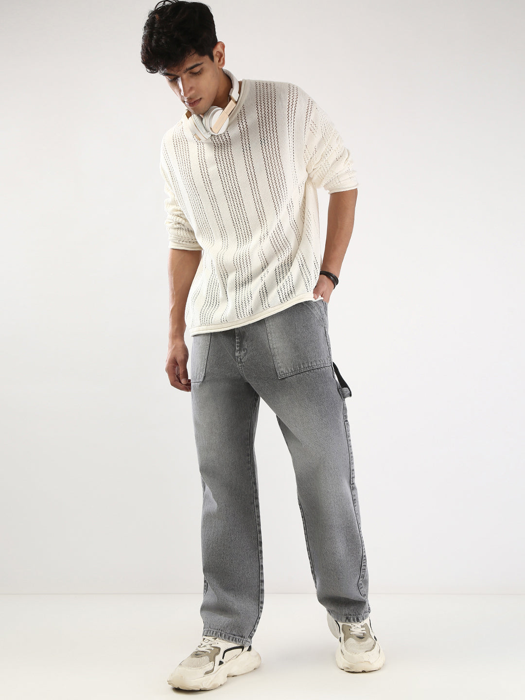 Men's Light Grey Loose Fit Cargo Carpenter Jeans With 6 Pockets Non-Stretchable