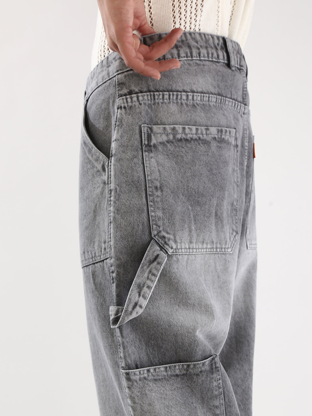 Men's Light Grey Loose Fit Cargo Carpenter Jeans With 6 Pockets Non-Stretchable
