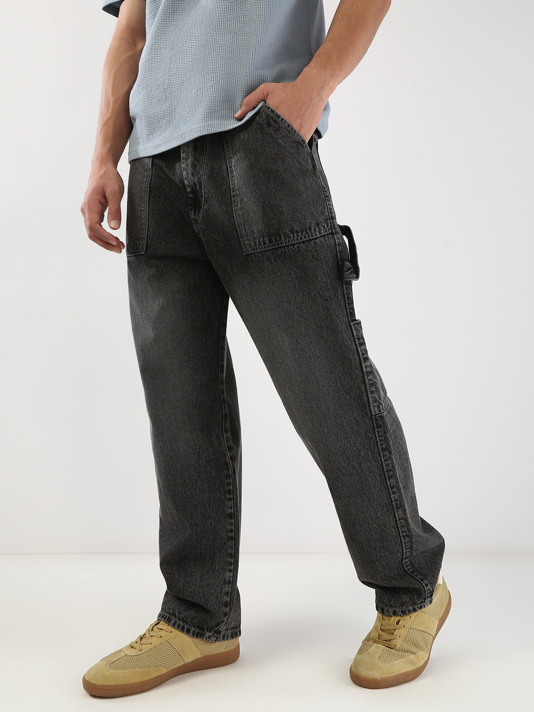 Men's Grey Loose Fit Cargo Carpenter Jeans With 6 Pockets Non-Stretchable