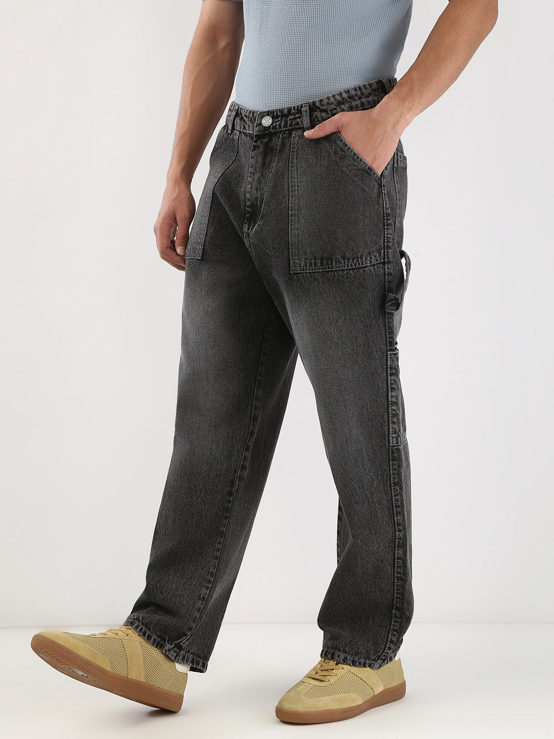 Men's Grey Loose Fit Cargo Carpenter Jeans With 6 Pockets Non-Stretchable
