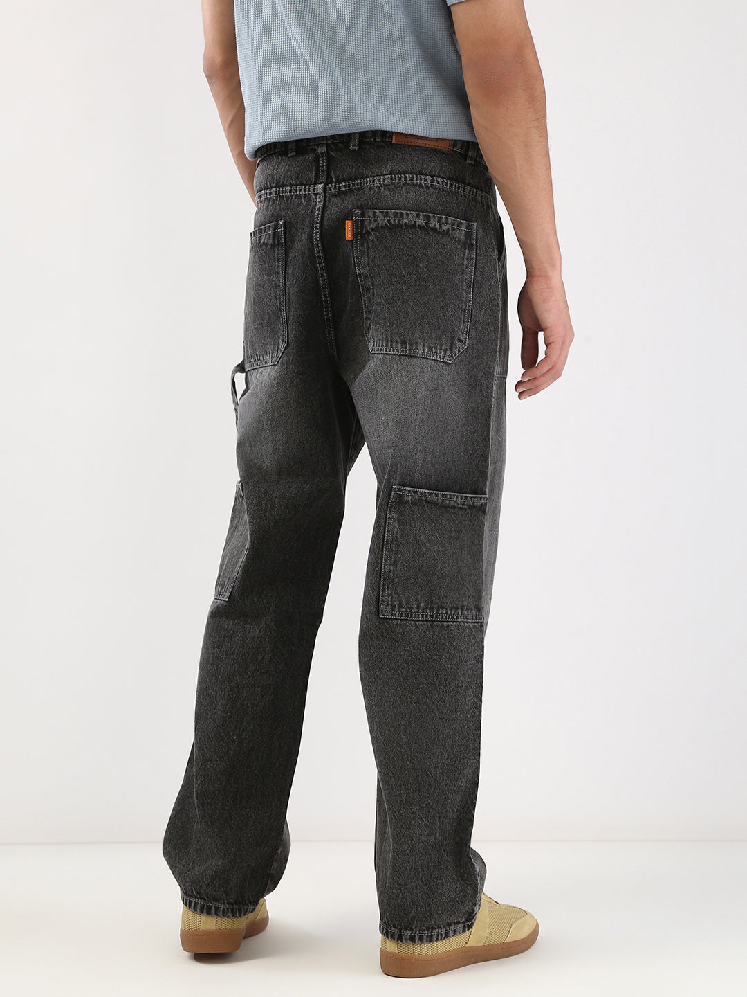Men's Grey Loose Fit Cargo Carpenter Jeans With 6 Pockets Non-Stretchable