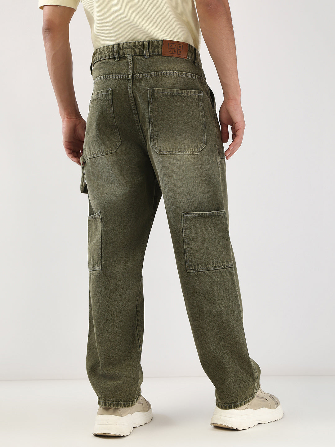 Men's Olive Loose Fit Cargo Carpenter Jeans With 6 Pockets Non-Stretchable