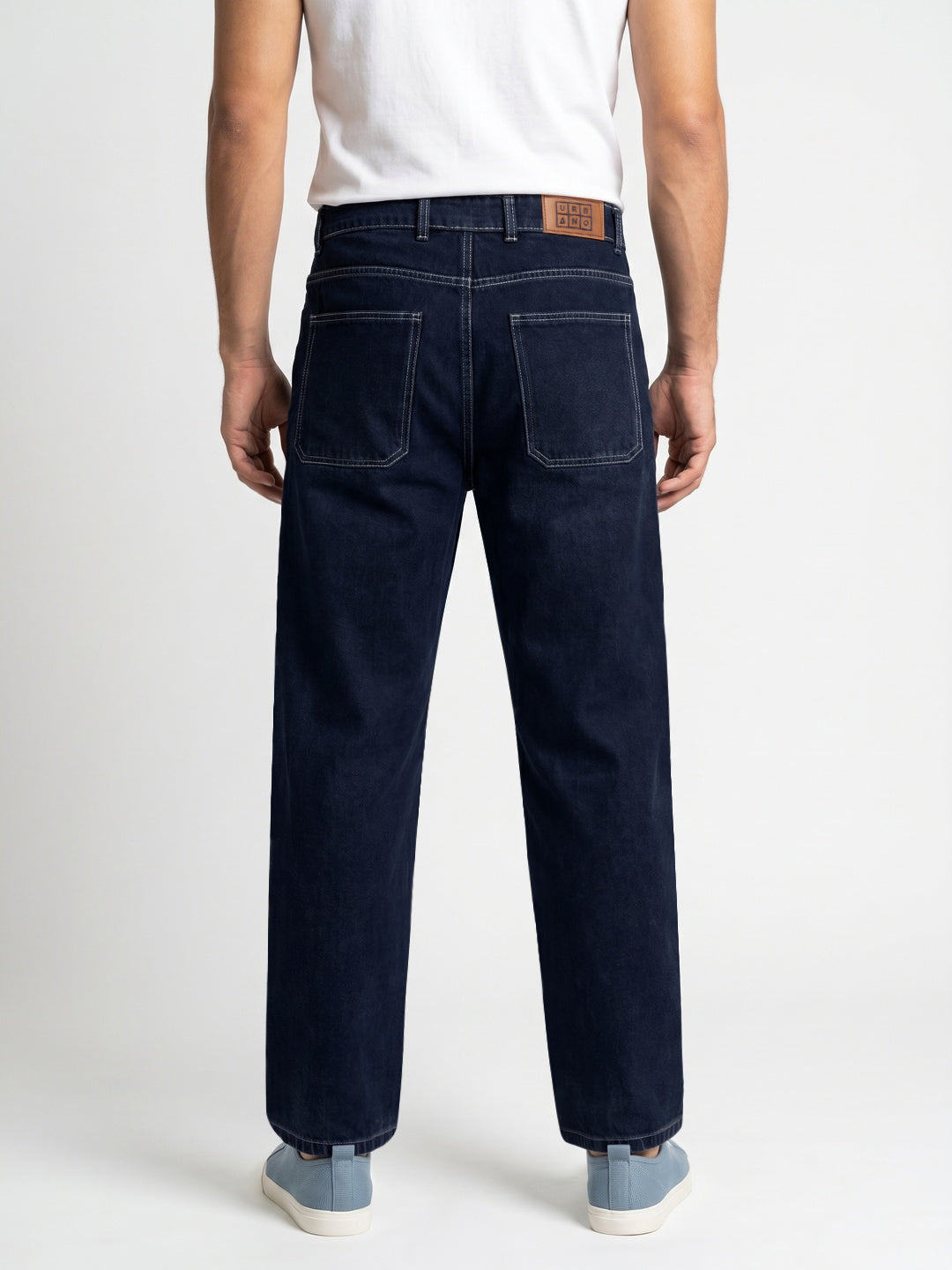 Men's Dark Blue Loose Baggy Fit Washed Denim Jeans Non-Stretchable