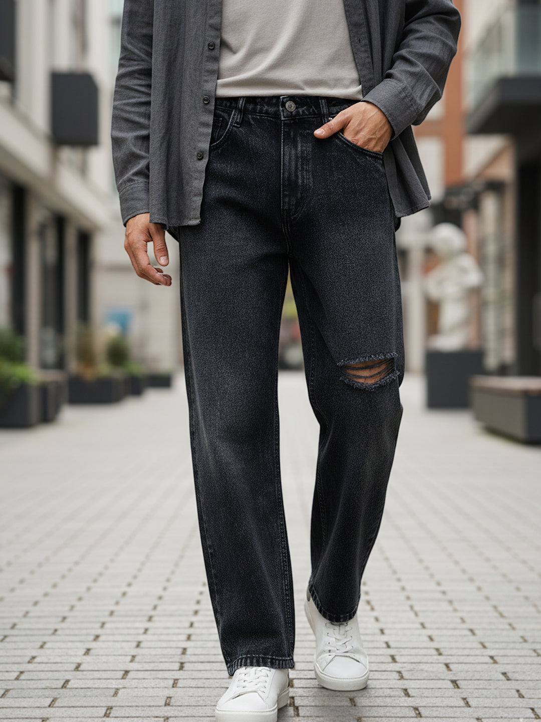 Men's Black Loose Baggy Fit Washed Distressed/Torn Jeans Non-Stretchable