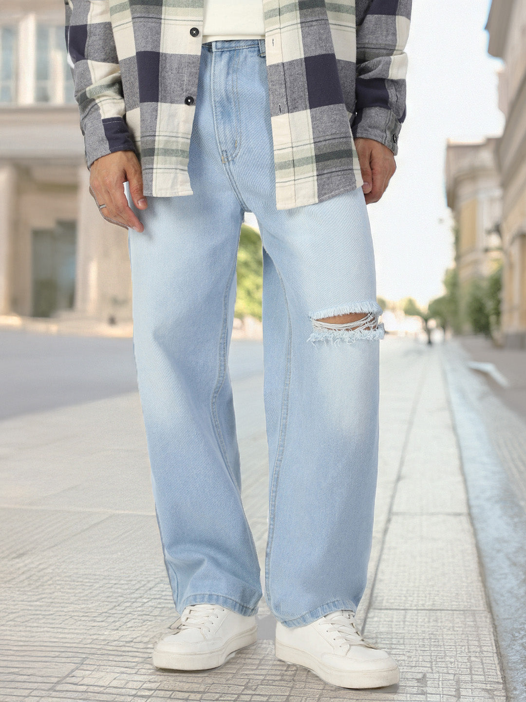Men's Ice Blue Loose Baggy Fit Washed Distressed/Torn Jeans Non-Stretchable