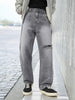 Men's Light Grey Loose Baggy Fit Washed Distressed/Torn Jeans Non-Stretchable