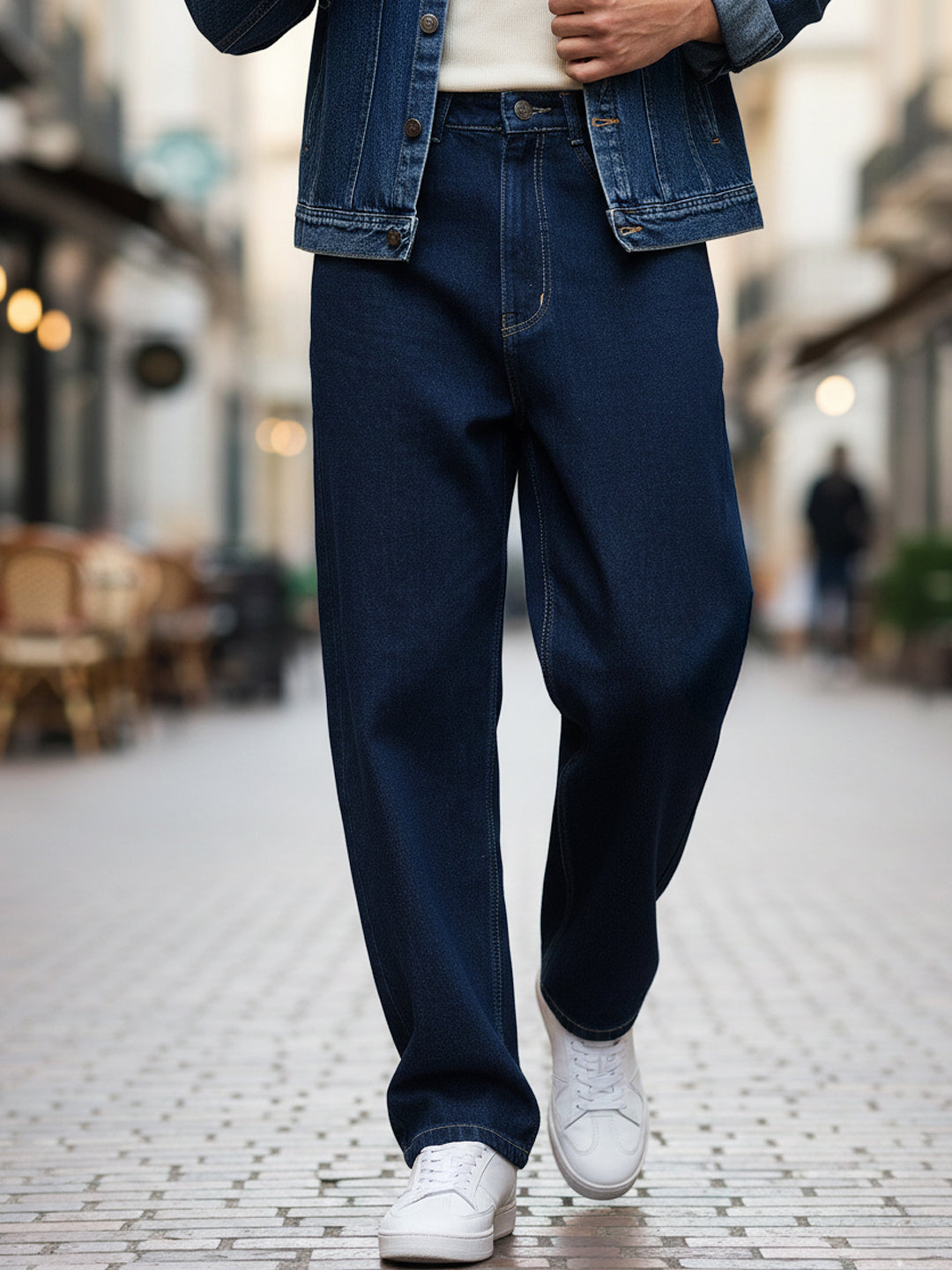 Men's Dark Blue Loose Baggy Fit Raw Washed Denim Jeans Non-Stretchable