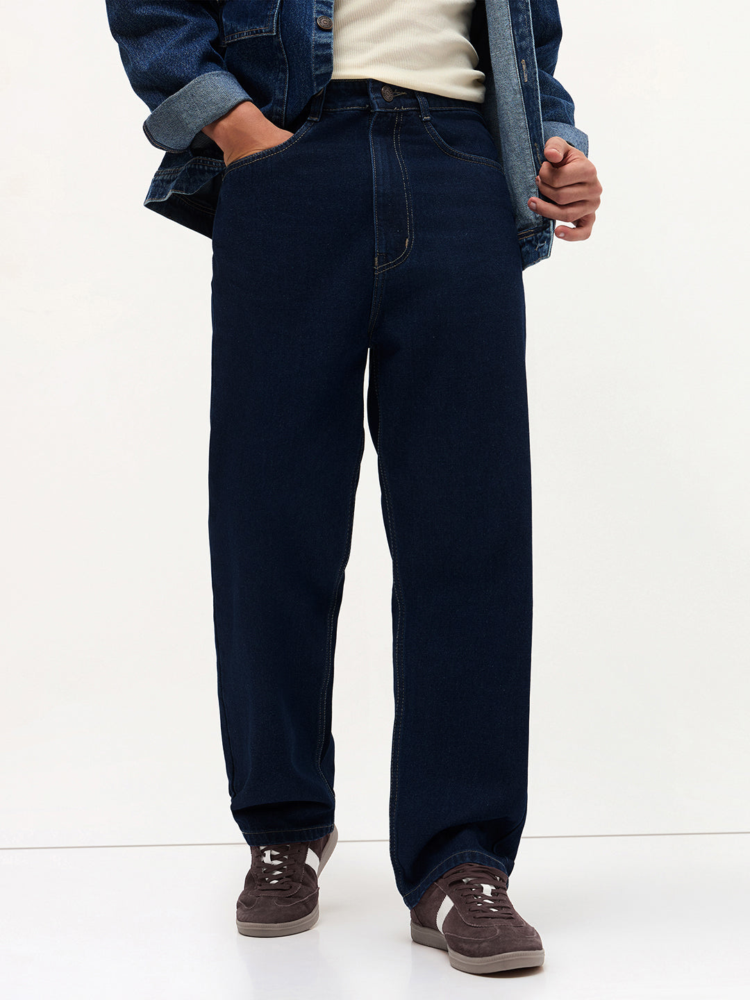 Men's Dark Blue Loose Baggy Fit Raw Washed Denim Jeans Non-Stretchable