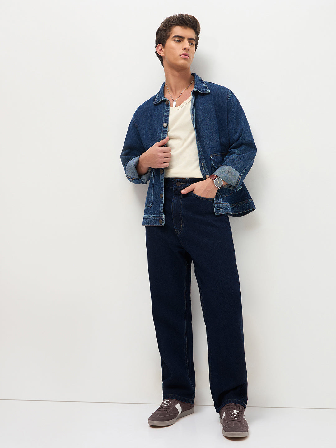 Men's Dark Blue Loose Baggy Fit Raw Washed Denim Jeans Non-Stretchable